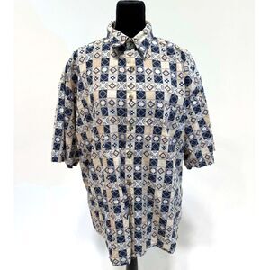 Henry Grethel vintage blue & tan checker abstract print short sleeve button up
